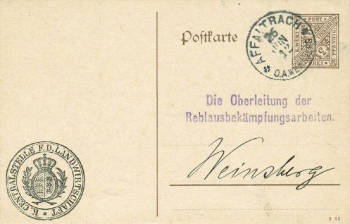 Postkarte (Staatsbehörden) von Affaltrach nach Weinsberg Postkarte (Staatsbehörden) von Affaltrach nach Weinsberg